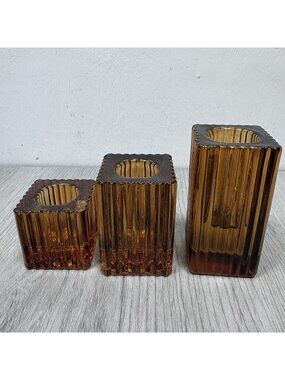 3 Amber Candlestick Holder Lot Candle Square MCM